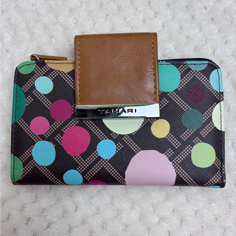 Tahari Vegan Leather Colorful Polka Dot Pattern Wallet